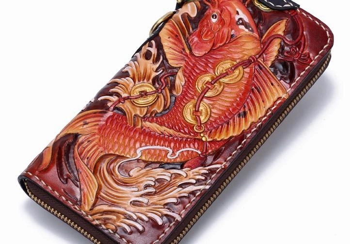 Handmade Leather Carp Mens Zipper Biker Wallet Cool Leather Chain Wallets Long Tooled Wallets for Men
