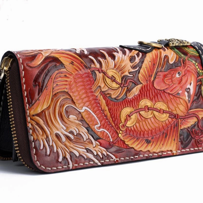 Handmade Leather Carp Mens Zipper Biker Wallet Cool Leather Chain Wallets Long Tooled Wallets for Men