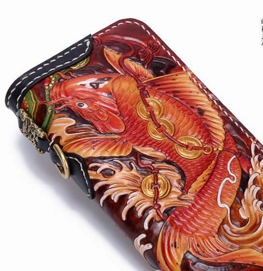 Handmade Leather Carp Mens Zipper Biker Wallet Cool Leather Chain Wallets Long Tooled Wallets for Men