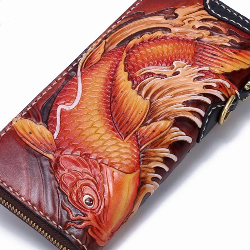 Handmade Leather Carp Mens Zipper Biker Wallet Cool Leather Chain Wallets Long Tooled Wallets for Men