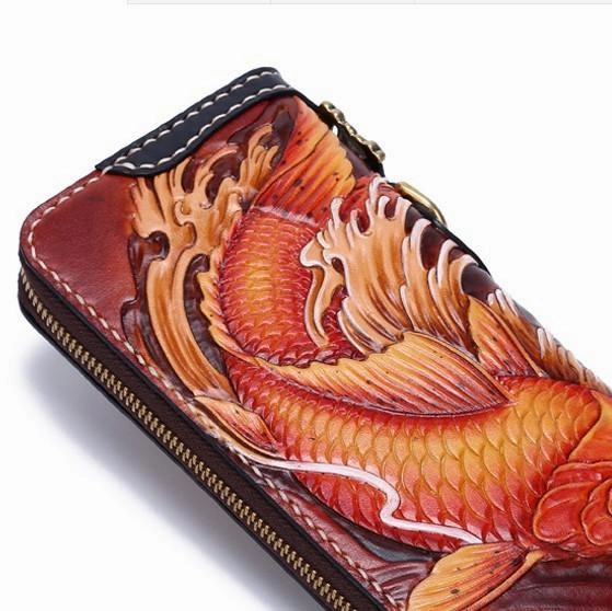 Handmade Leather Carp Mens Zipper Biker Wallet Cool Leather Chain Wallets Long Tooled Wallets for Men