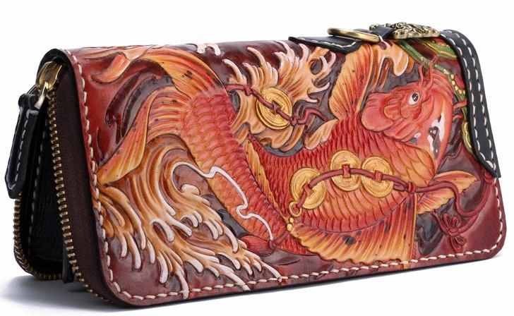 Handmade Leather Carp Mens Zipper Biker Wallet Cool Leather Chain Wallets Long Tooled Wallets for Men