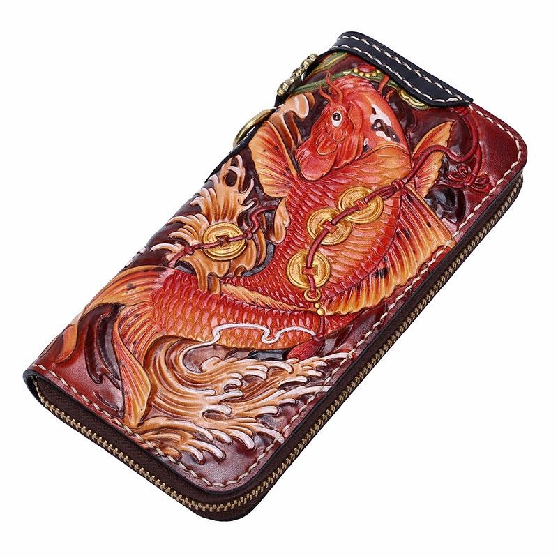 Handmade Leather Carp Mens Zipper Biker Wallet Cool Leather Chain Wallets Long Tooled Wallets for Men