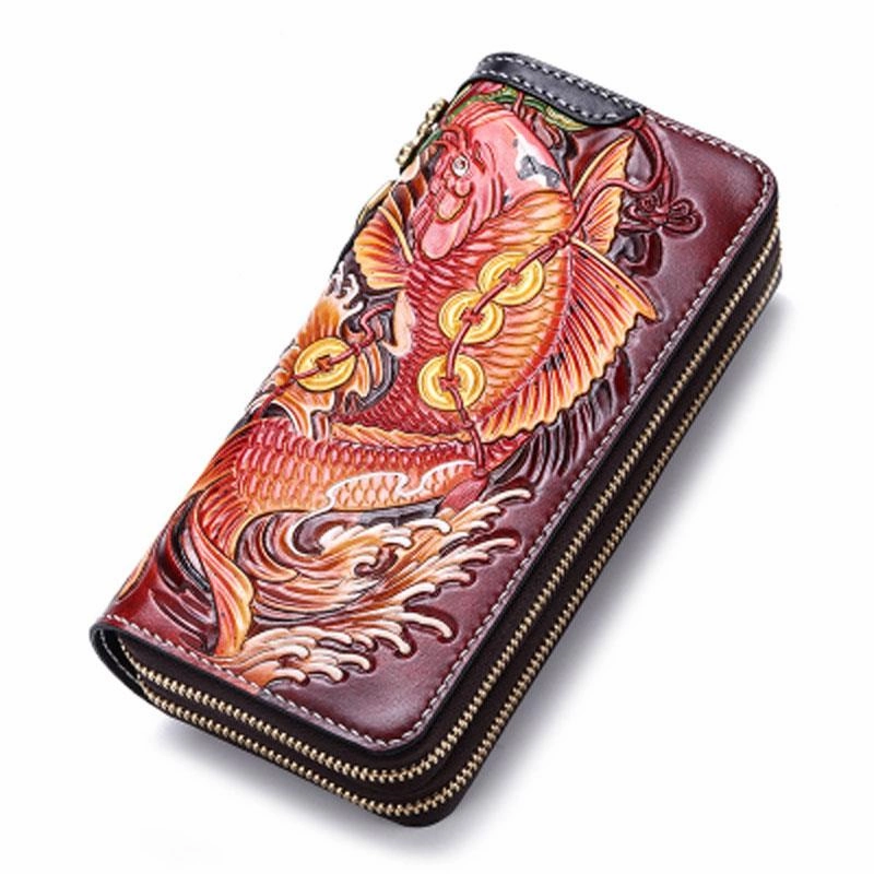 Handmade Leather Carp Mens Zipper Biker Wallet Cool Leather Chain Wallets Long Tooled Wallets for Men