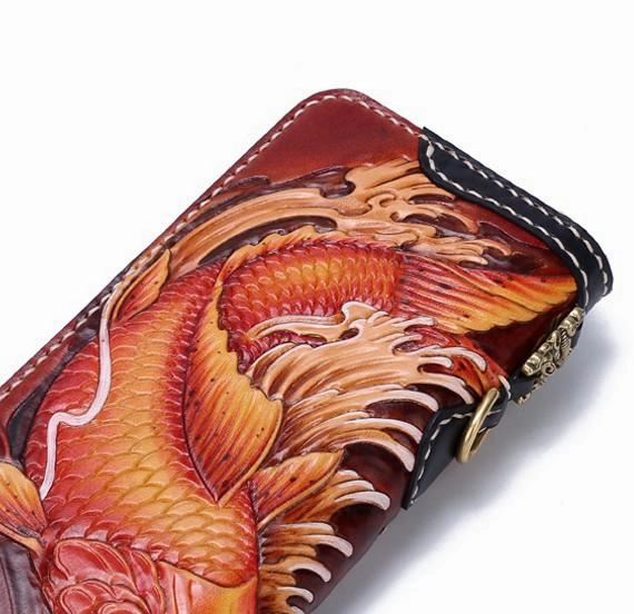 Handmade Leather Carp Mens Zipper Biker Wallet Cool Leather Chain Wallets Long Tooled Wallets for Men