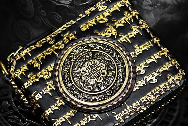 Handmade Leather Chain Wallet Tooled Tibetan Biker Wallet Mens Cool billfold Trucker Wallet with Chain