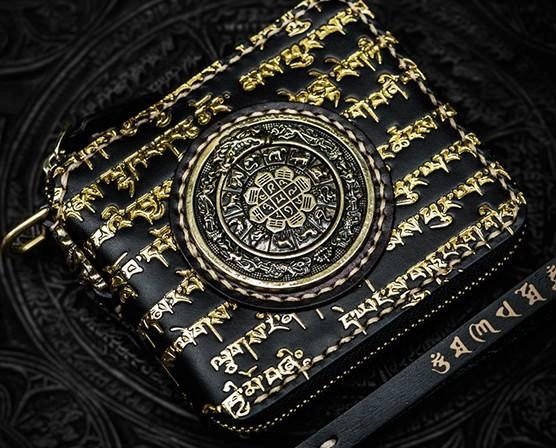 Handmade Leather Chain Wallet Tooled Tibetan Biker Wallet Mens Cool billfold Trucker Wallet with Chain