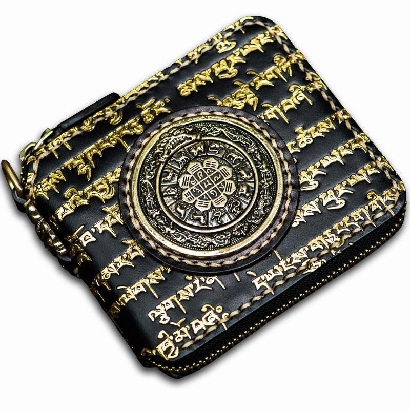 Handmade Leather Chain Wallet Tooled Tibetan Biker Wallet Mens Cool billfold Trucker Wallet with Chain