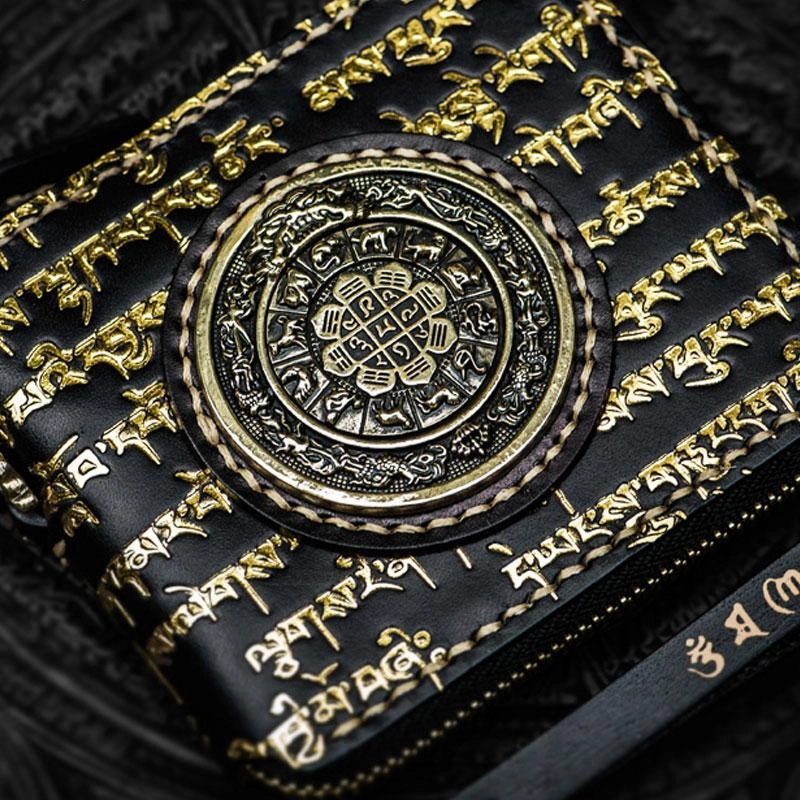 Handmade Leather Chain Wallet Tooled Tibetan Biker Wallet Mens Cool billfold Trucker Wallet with Chain
