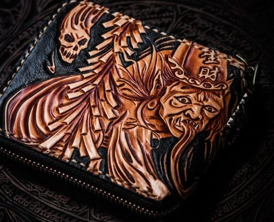 Handmade Leather Chinese Black&White Tooled Mens Small Wallet Cool Leather Wallet billfold Wallet for Men