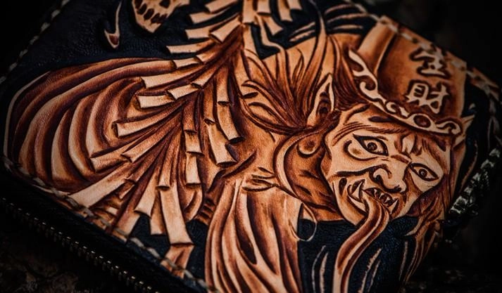 Handmade Leather Chinese Black&White Tooled Mens Small Wallet Cool Leather Wallet billfold Wallet for Men