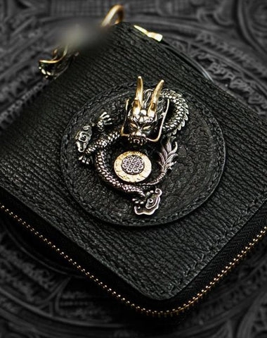 Handmade Leather Chinese Dragon Tooled Mens billfold Wallet Cool Chain Wallets Biker Wallet for Men