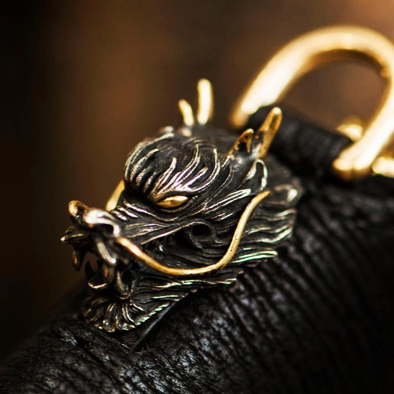 Handmade Leather Chinese Dragon Tooled Mens billfold Wallet Cool Chain Wallets Biker Wallet for Men