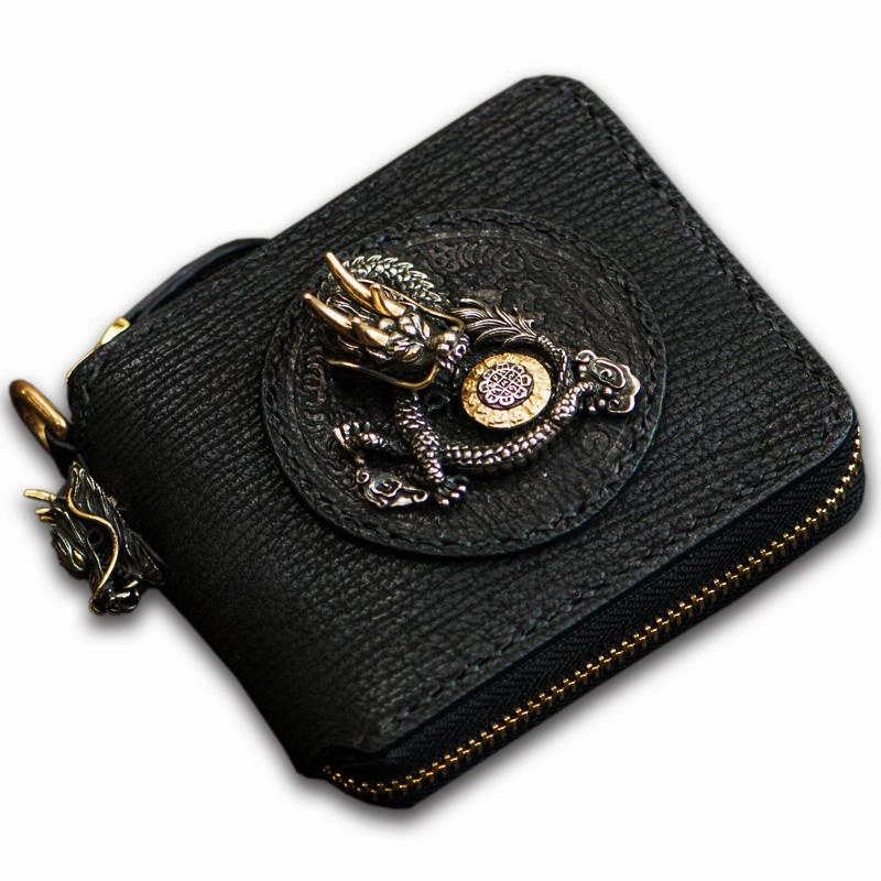 Handmade Leather Chinese Dragon Tooled Mens billfold Wallet Cool Chain Wallets Biker Wallet for Men