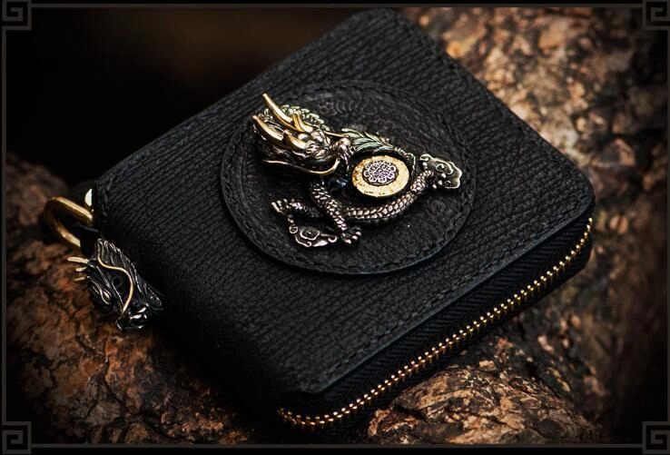 Handmade Leather Chinese Dragon Tooled Mens billfold Wallet Cool Chain Wallets Biker Wallet for Men