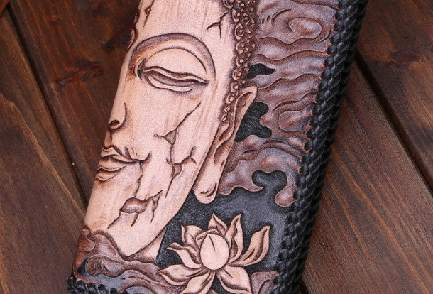 Handmade leather clutch long wallet leather men Buddha black tooled wallet