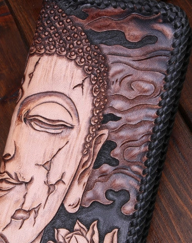 Handmade leather clutch long wallet leather men Buddha black tooled wallet