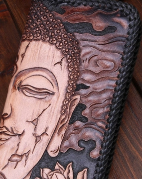 Handmade leather clutch long wallet leather men Buddha black tooled wallet