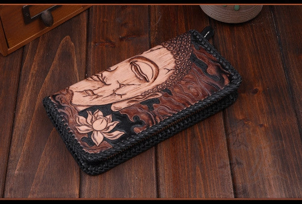 Handmade leather clutch long wallet leather men Buddha black tooled wallet