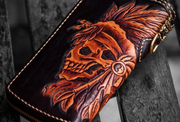 Handmade leather Indian Skull Chief biker wallet clutch zip long wallet brown leather men phone