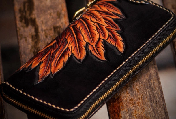 Handmade leather Indian Skull Chief biker wallet clutch zip long wallet brown leather men phone
