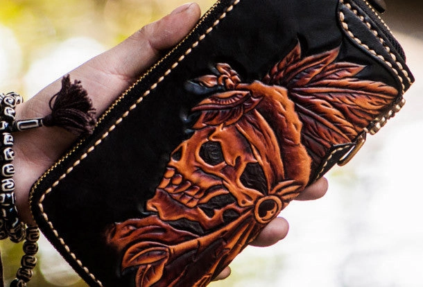 Handmade leather Indian Skull Chief biker wallet clutch zip long wallet brown leather men phone