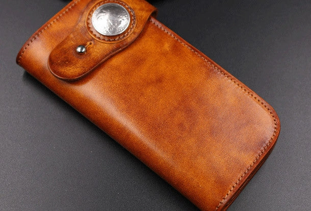 Handmade leather Long biker trucker wallet leather chain men vintage brown wallet