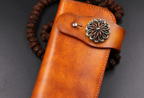 Handmade leather Long biker trucker wallet leather chain men vintage brown wallet