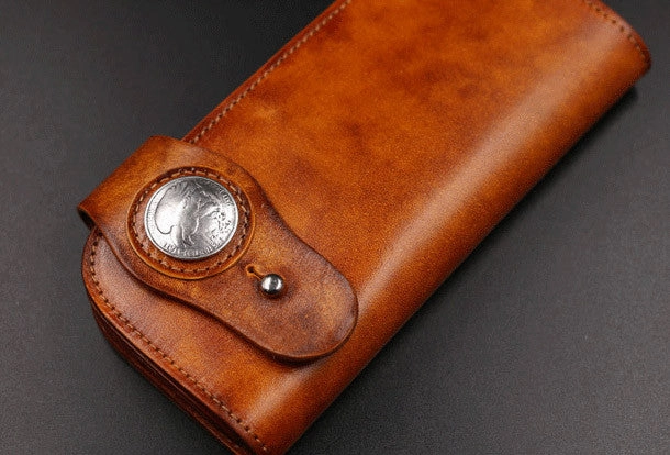 Handmade leather Long biker trucker wallet leather chain men vintage brown wallet