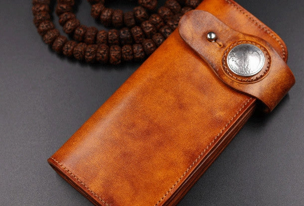 Handmade leather Long biker trucker wallet leather chain men vintage brown wallet