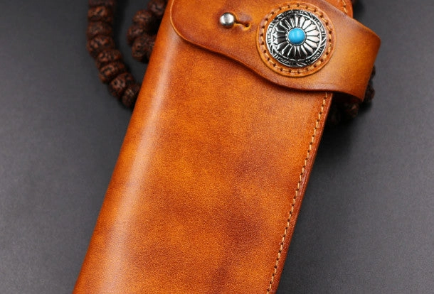 Handmade leather Long biker trucker wallet leather chain men vintage brown wallet
