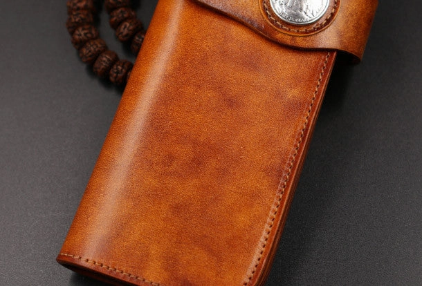 Handmade leather Long biker trucker wallet leather chain men vintage brown wallet