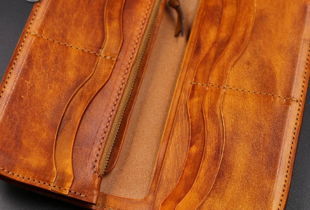 Handmade leather Long biker trucker wallet leather chain men vintage brown wallet