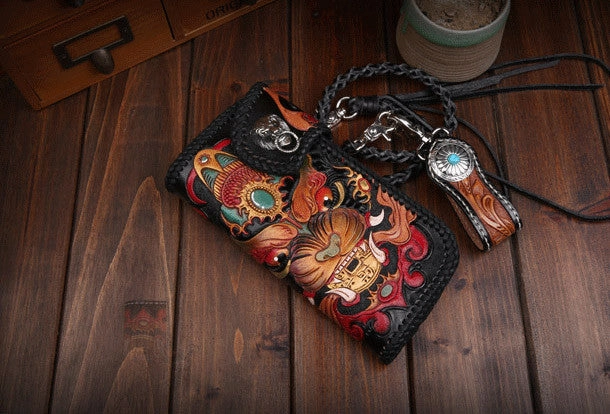 Handmade leather Long Black biker trucker wallet leather chain men monster Carved Tooled wallet