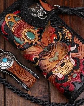 Handmade leather Long Black biker trucker wallet leather chain men monster Carved Tooled wallet