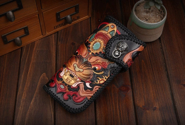 Handmade leather Long Black biker trucker wallet leather chain men monster Carved Tooled wallet