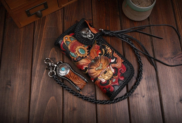 Handmade leather Long Black biker trucker wallet leather chain men monster Carved Tooled wallet