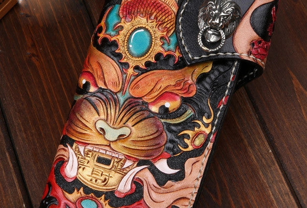 Handmade leather Long Black biker trucker wallet leather chain men monster Carved Tooled wallet