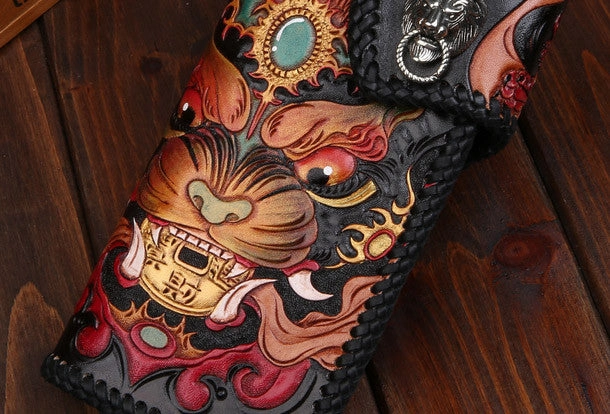 Handmade leather Long Black biker trucker wallet leather chain men monster Carved Tooled wallet
