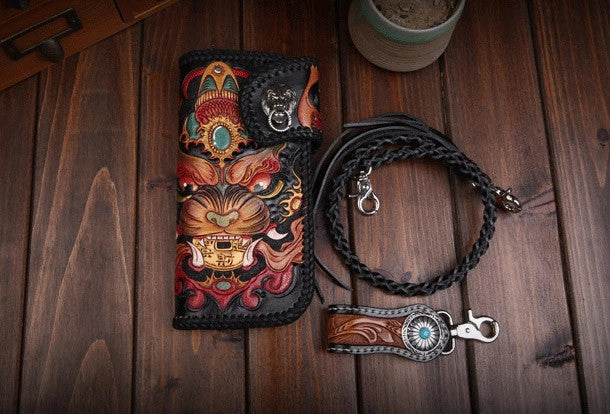 Handmade leather Long Black biker trucker wallet leather chain men monster Carved Tooled wallet