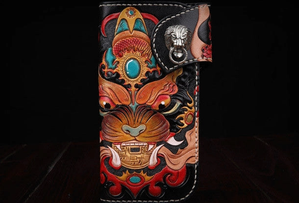 Handmade leather Long Black biker trucker wallet leather chain men monster Carved Tooled wallet