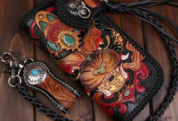 Handmade leather Long Black biker trucker wallet leather chain men monster Carved Tooled wallet
