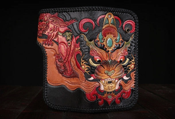 Handmade leather Long Black biker trucker wallet leather chain men monster Carved Tooled wallet
