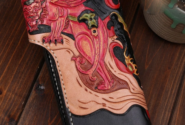Handmade leather Long Black biker trucker wallet leather chain men monster Carved Tooled wallet