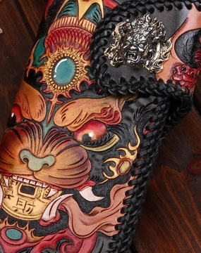Handmade leather Long Chinese Monster biker trucker chain wallet leather men Carved Tooled wallet