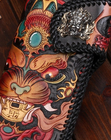 Handmade leather Long Chinese Monster biker trucker chain wallet leather men Carved Tooled wallet
