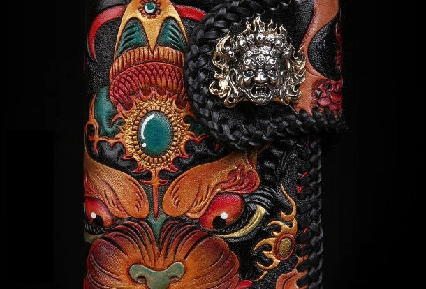 Handmade leather Long Chinese Monster biker trucker chain wallet leather men Carved Tooled wallet