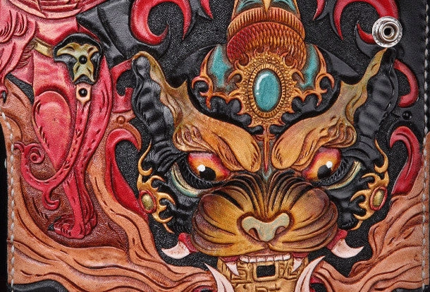 Handmade leather Long Chinese Monster biker trucker chain wallet leather men Carved Tooled wallet