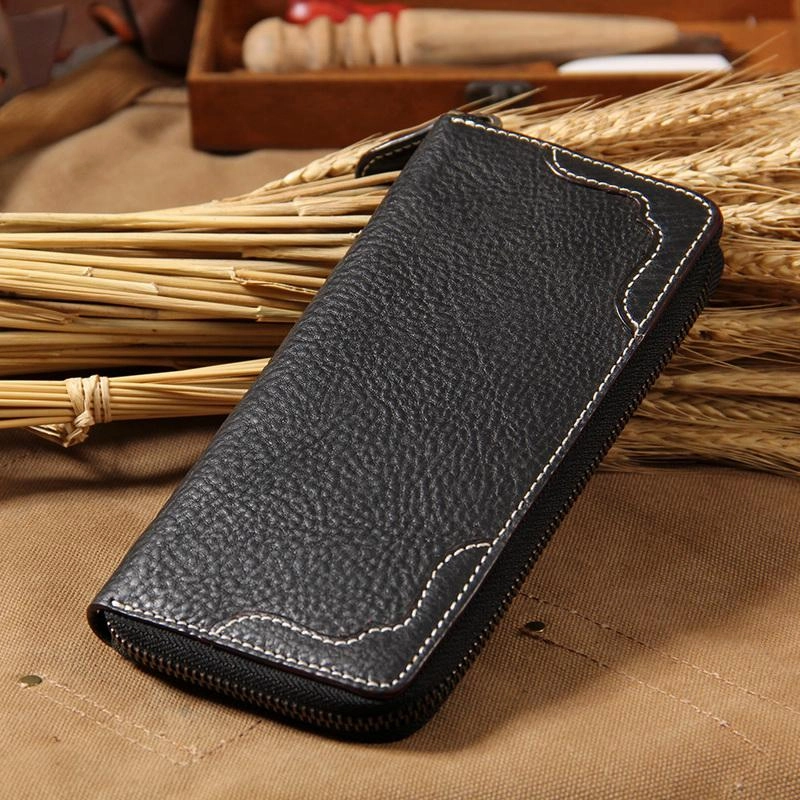 Handmade Leather Long Coffee Mens Clutch Wallet Vintage Zipper Wallet for Men