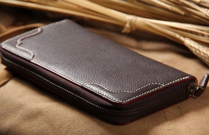 Handmade Leather Long Coffee Mens Clutch Wallet Vintage Zipper Wallet for Men